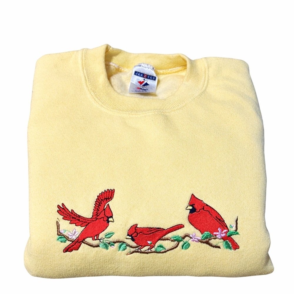 Jerzees Vintage Cardinal Embroidered Sweatshirt Large Yellow Cozy Cottagecore